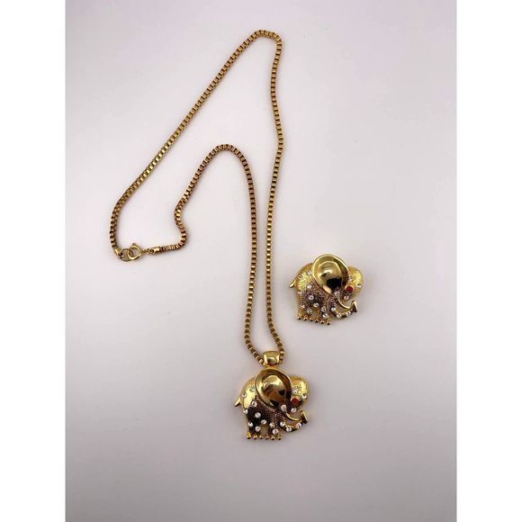 VTG Gold Tone Diamond Rhinestone With‎ Red Eye Elephant Brooch Necklace AD 2006 - Picture 6 of 6